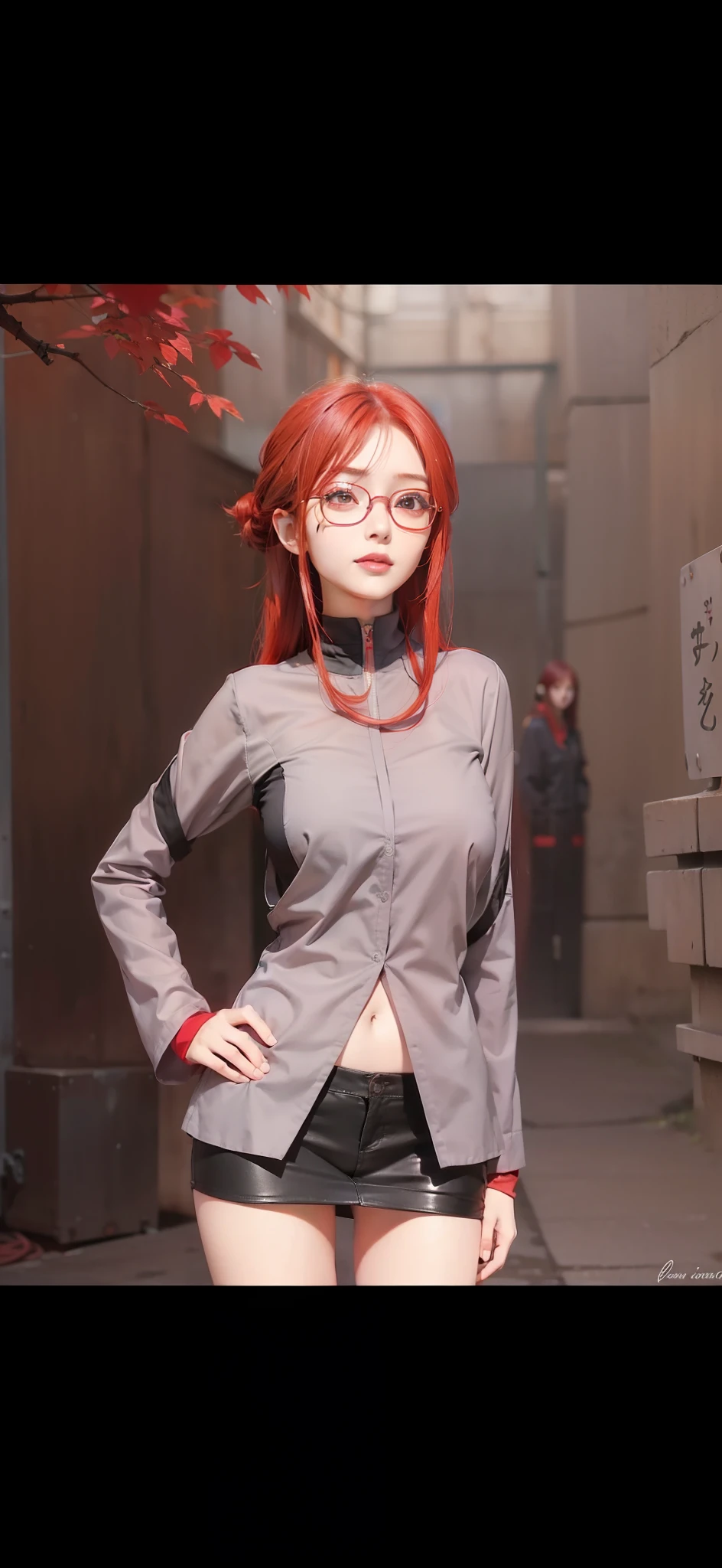 1girl, uzumaki karin in anime naruto, long hair, red hair, red eyes, smile, beautiful, wear red glasses, ???? dress, ???? clothes, grey clothes, very big ??????, realistic clothes, detail clothes, outdoor background, ultra detail, realistic