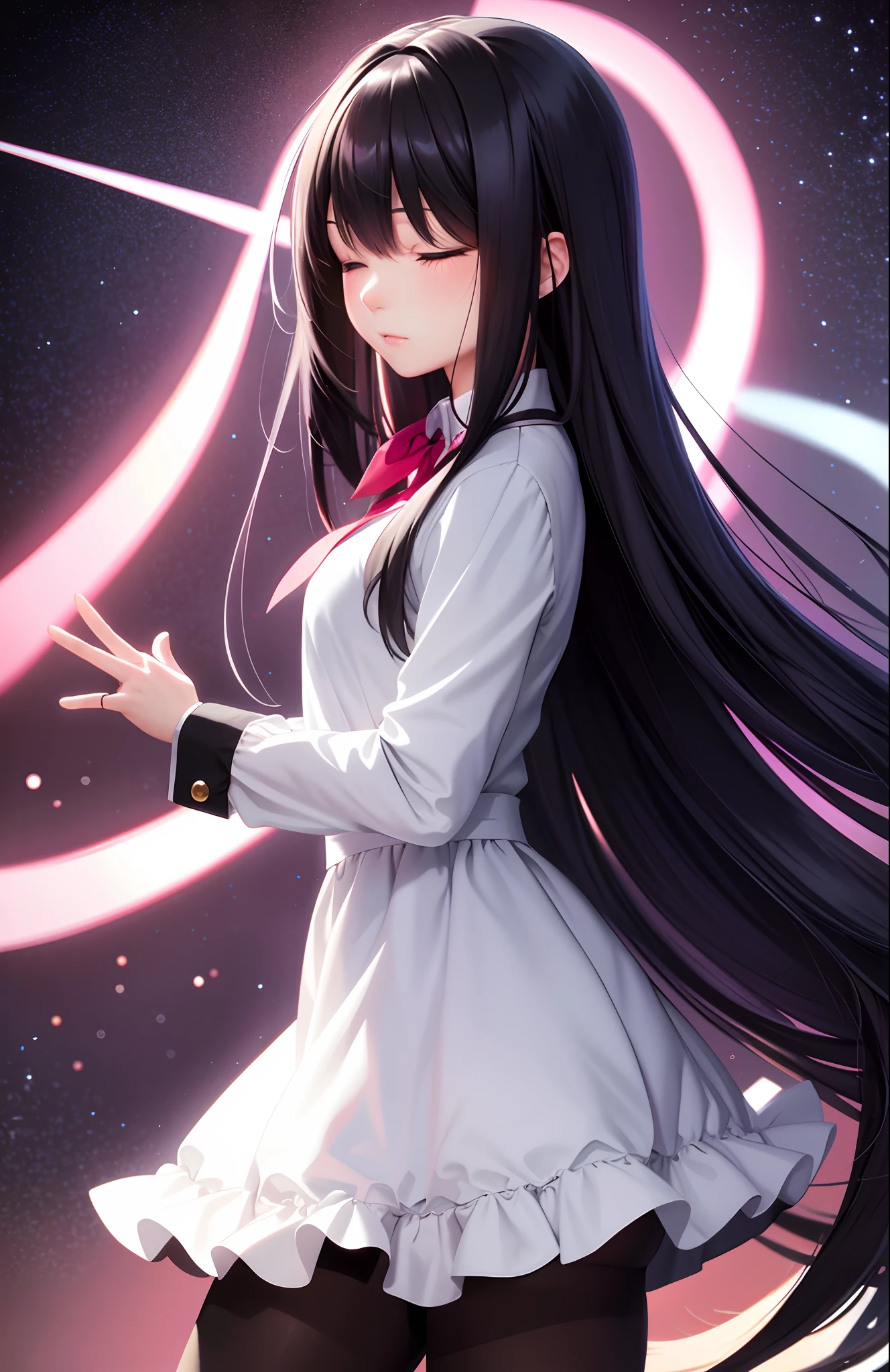 masterpiece, best quality,bp-homura, 1girl, long hair, solo, akemi homura, pantyhose, black hair, ribbon, closed eyes, hair ribbon, magical girl,(kbxll:0.6)