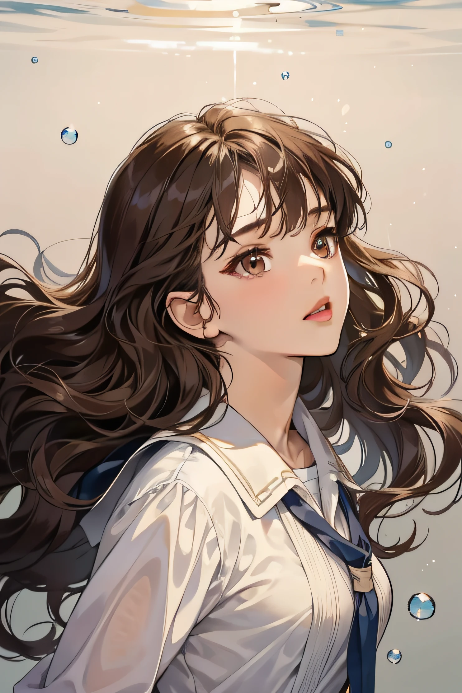Masterpiece, best quality, anime, 1woman, quiet, calm and pretty young woman, 16 years old, ((close mouth)), extremely detailed, a little distance, ((dark brown eyes)), ((wavy with bang brunette hair)), ((look up)), bubble floating