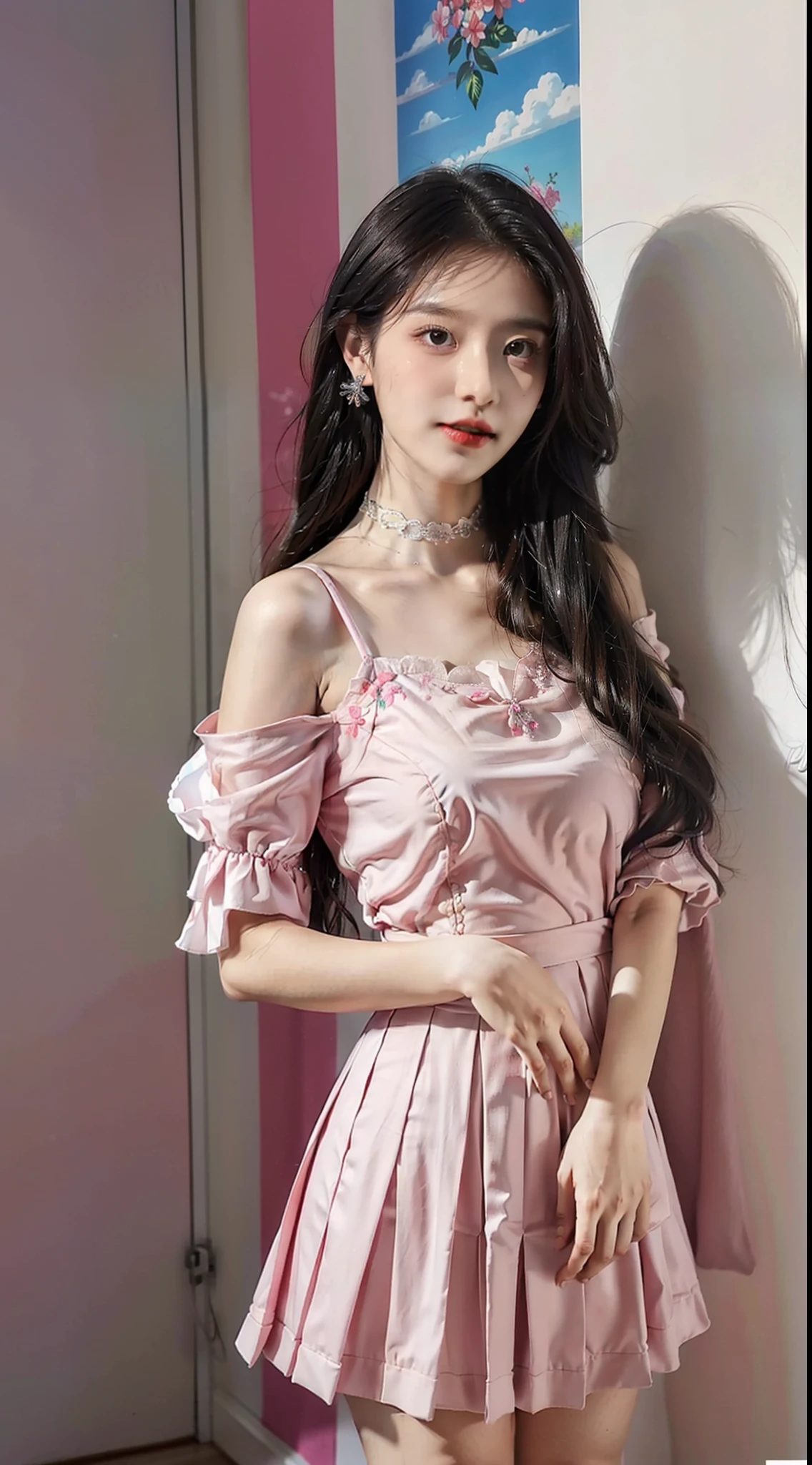 A perfect young female white-collar worker，Chinese big breasts，High picture quality，Works of masters，Black hair，Long hair shawl，Long hair flowing over the shoulders，Beach wave hairstyle，耳Nipple Ring，jewelry，choker necklace，cropped shoulders，鎖骨，exquisite face，Hydrated red lips，（（Wear colorful and stylish summer sailor suits））（red colour，blue colors，green color，Violet-orange，In pink，amarelo，Printed clothing），Kurfo，，Colorful pleated skirt，Shadow lace skirt，Sparkling gemstone dress，Lightning astral dress，Crystal elements，Embroidery pattern elements，Fringed skirt，snowflake dress，Moonlight skirt，Butterfly fairy dress，Drizzle dress，lumnious，white stockings，（stocklings），Lace material，Silk clothing，Real Human，（White interior wall background：1.5），CG rendering，16k，Stand up，Empty interior，Do not show your hands，Close-up shot，（（Faraway view））