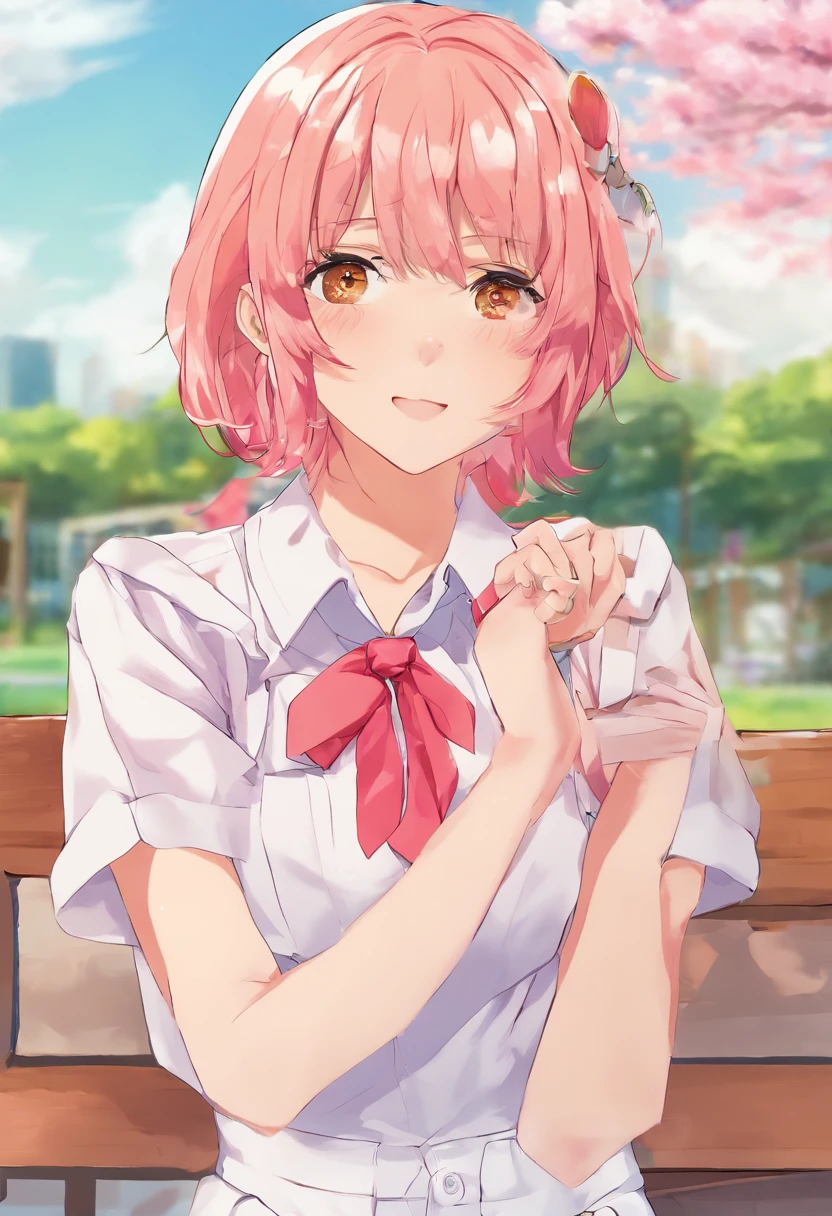 masterpiece, best quality,) anime screencap, 1girl, short hair, Hinata Tachibana from Tokyo Revengers, pink hair, mole chin, large coral pink eyes, Tokyo Revengers, ken wakui art style, white blouse and striped tie, a matching skirt, and black loafers, mole below her chin, simple background, solo, 1girl, fake anime screenshot, school uniform, teenage female,