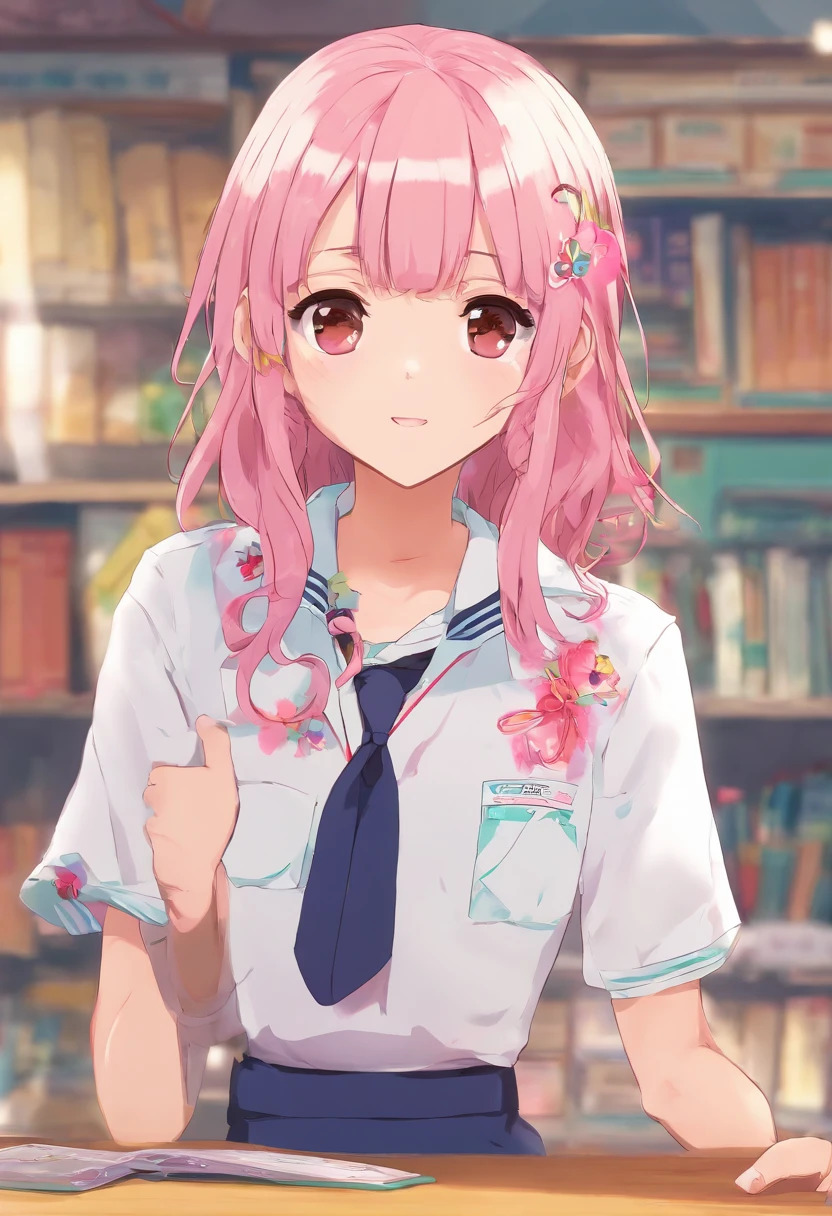 masterpiece, best quality,) anime screencap, 1girl, short hair, Hinata Tachibana from Tokyo Revengers, pink hair, mole chin, large coral pink eyes, Tokyo Revengers, ken wakui art style, white blouse and striped tie, a matching skirt, and black loafers, mole below her chin, simple background, solo, 1girl, fake anime screenshot, school uniform, age female,
