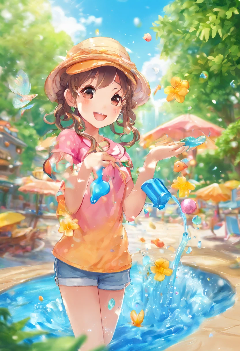Water, Wet, Splashing, Liquid, Sunny, day, Blue sky, Clouds, Nature, nature environment, (Character Focus:1.1), Sharp Focus, Realistic, Highly detailed, ultra-detailliert, Best Quality, Highest Quality, Realistic lighting, hyperdetails, Hyper-Realism, Greg Rutkowski
