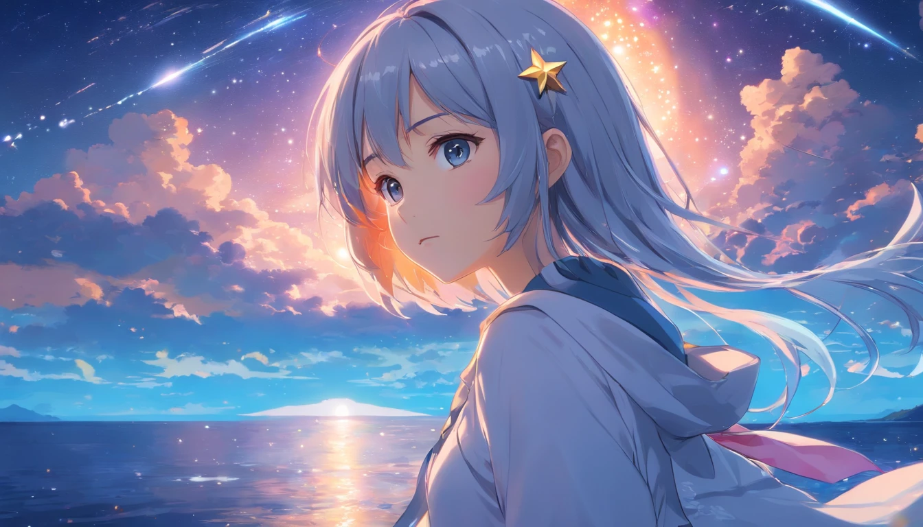 ((masterpiece)), ((best quality)), ((illustration)), extremely detailed,style girl, long shot, small breast,light grey very_long_hair, scifi hair ornaments, beautiful detailed deep eyes, beautiful detailed sky, beautifuldetailed water, cinematic lighting, dramatic angle, (very long sleeves), frills, formal, close to viewer, (an extremely delicate and beautiful),best quality,highres,official art,extremely detailed CG unity 8k wallpaper,  ((starry sky)), star river,array stars, Holy, noble, ((oil painting)) , ((wallpaper 8k CG)), (realistic), Concept Art, vary blue and red and orange and pink hard light, intricate light, dynamic hair, haircut, dynamic fuzziness, beautiful and aesthetic, intricate light, manga and anime