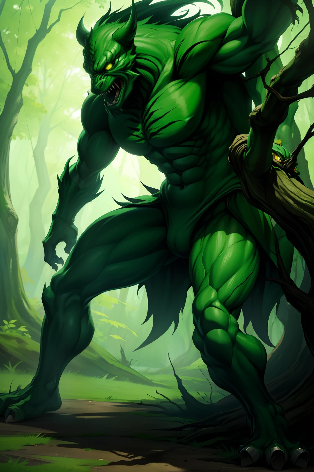 Tree monster, full body, shades of green, front view, attack stance, fierce gaze.
