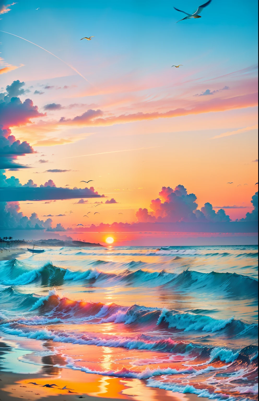 An absolutely mesmerizing sunset on the beach, with a mix of orange, pink, and yellow in the sky. The water is crystal clear, gently kisses the coast, and the white sand is endless. The scene is dynamic and breathtaking, with seagulls soaring high in the sky and palm trees swaying softly. Immerse yourself in the calm atmosphere and let the serenity surround you.