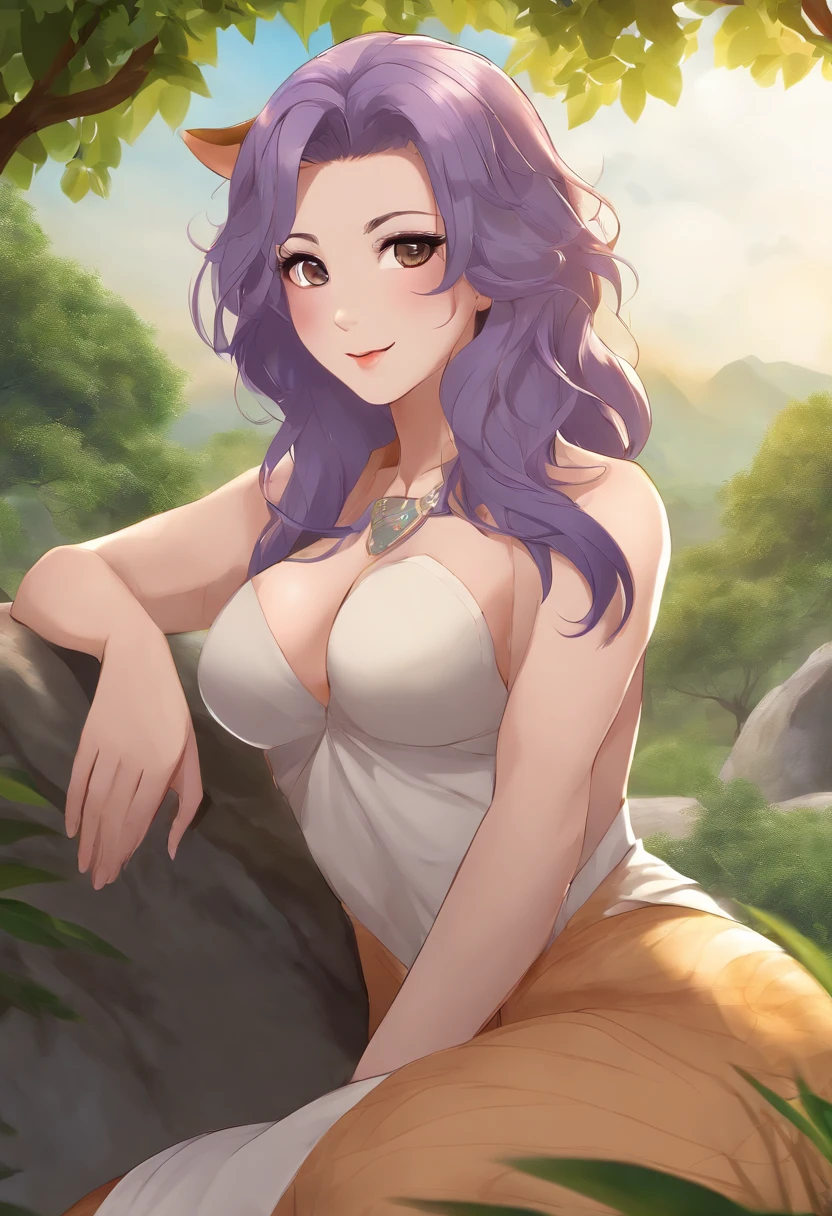 best quality, masterpiece, (leaning over:1.4), 1girl, yuzuriha_(jigokuraku), purple hair, brown eyes, ninja, open clothes, cleavage, small breasts, topknot, medium hair, breasts apart, seductive smile, pants, undressing, (blush:1.1), japanese ext,In the image, you see an animated and colorful lion sitting on top of a large rock. The lion has a lush, shiny mane with vibrant colors like orange, blue and green. Their eyes are large and expressive, conveying a curious and friendly look. The lion has a wide smile and a black nose. Its front paws rest firmly on the stone, while its tail swings excitedly around. The stone under the lion is large and sturdy, with a rough texture and a few cracks. She has shades of brown and gray, contrasting with the bright colors of the lion. Around the stone, there are some colorful flowers and some green leaves, adding a touch of nature to the scene. The sky above is light blue, with fluffy white clouds gently floating by. There is a smiling sun shining brightly, illuminating the scene and highlighting the lion's vibrant colors. In the background, you can see a verdant landscape, with trees and distant mountains.erior, temple,