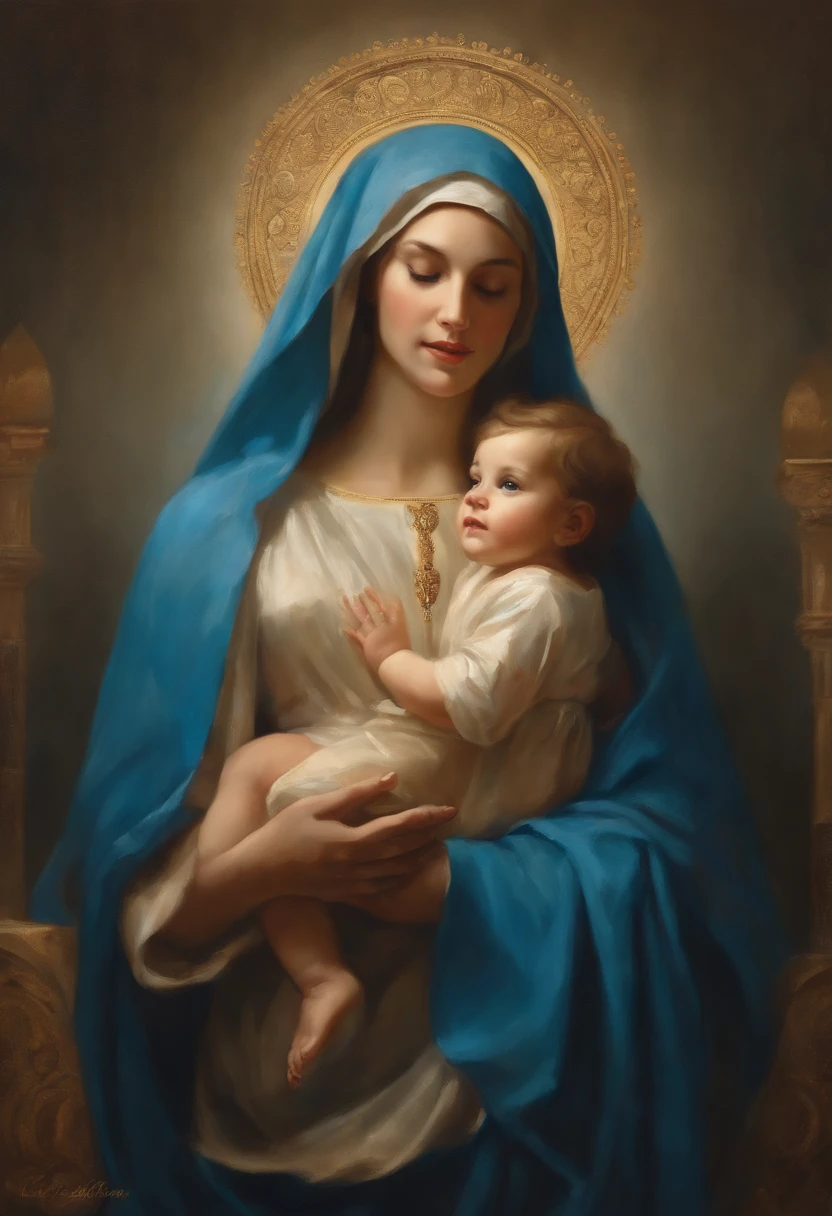 Drawing of a woman holding a beautiful  in her arms, Virgin Mary, Toddler with Jesus, Mother, Queen of Heaven, Beautiful Art, painting of beautiful, Beautiful depiction, Portrait of the Virgin Mary, Catholic Religious Art, rosen maiden, Sacred and beautiful, with a blue background, Boregov, guweiz masterpiece, religious art, Christian art, religious painting、Smile