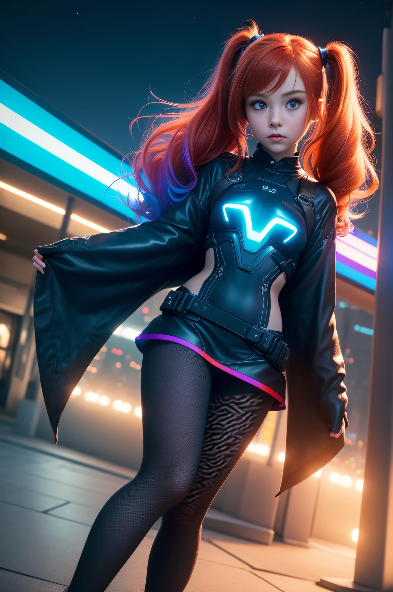 1 girl, solamente, (NSFW), Cute 18-year-old red-haired girl with two tails, ((cuerpo femenino perfecto)), (Maquillaje de cara linda), multiple (cabello color arco iris: 1.2), (Hermosos ojos azules detallados: 1.6), (Ojos fotorrealistas: 1.6), feliz, Ucraniano, (Small body), ((small hips)), white pale skin, (Micro Bikini), ((pantimedias finas: 1.6)), (("TRON LEGACY ciudad futurista" fondo de estilo)), (Noche:1.2), Foto realista, NSFW