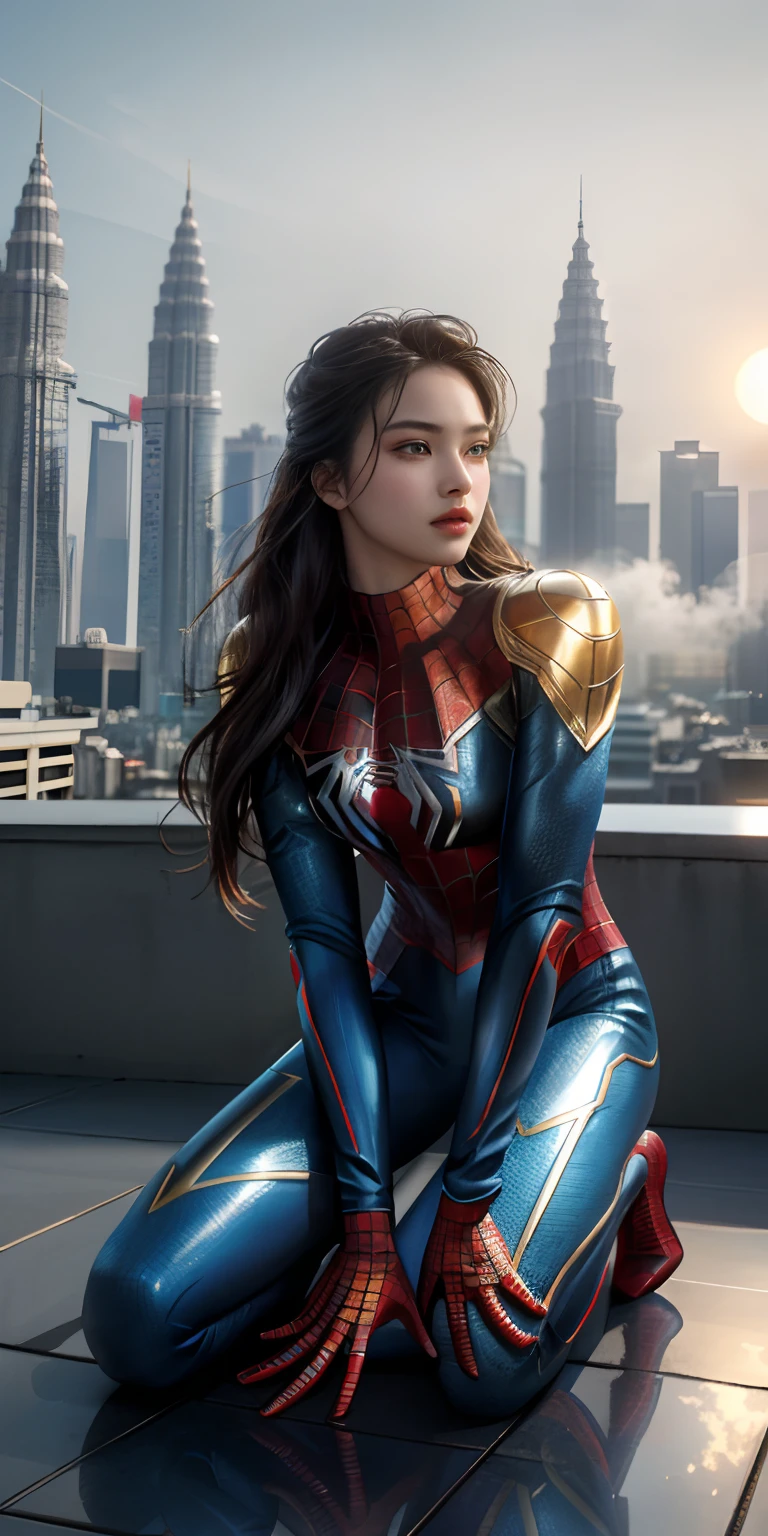 (1girl:1.3), Solo, (((Very detailed face)))), ((Very detailed eyes and face)))), ((Full body)), masterpiece, best quality, original, masterpiece, super fine photo, best quality, super high resolution, realistic realism, sunlight, full body portrait, amazing beauty, dynamic pose, delicate face, vibrant eyes, (from the front), She wears Spider-Man suit in Malaysia flag design, highly detailed Spiderman suit in Gold Blue Red White color, golden hour, very detailed cyberpunk city roof background, rooftop, overlooking cyberpunk Petronas Twin Towers Kuala Lumpur city, detailed face, gorgeous, milky white, highly detailed skin, realistic skin details, visible pores, clear focus, volumetric fog, 8k uhd, DSLR, high quality, film grain, fair skin, photo realism, lomography,