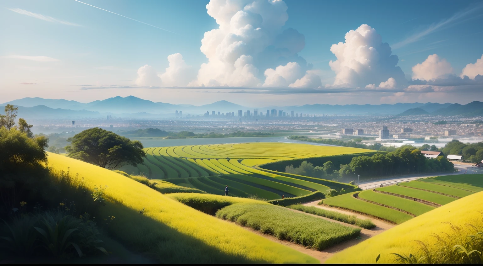 Golden rice paddies，Under the ears of rice, Higher than people, Sit down for students who study seriously，Shenzhen blue and white summer uniform，A modern metropolis in the distance，There are satellites in the sky，There is a high-speed rail on the edge of the city，。#Creative drawing#