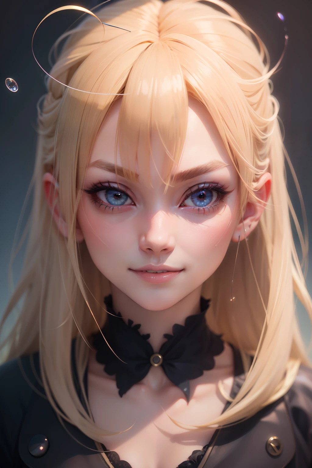 blonde hair,  wince, longeyelashes, solid circle eyes,  light smile, ear blush, fang, Surrealism, drop shadow, anaglyph, stereogram, tachi-e, pov, atmospheric perspective, 8k, super detail, ccurate, best quality