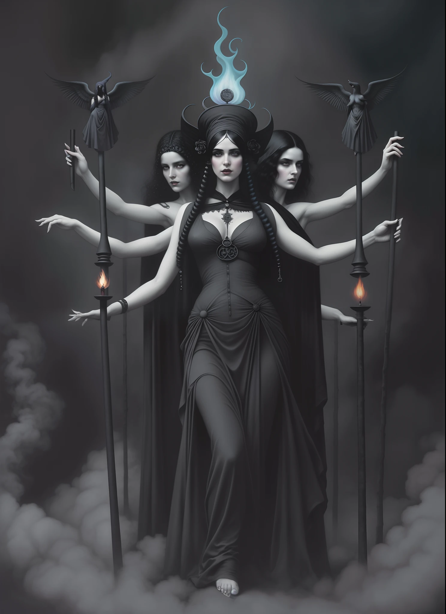 Imagen de Arafed de una mujer con cuatro manos y mucho humo, hecate, hecate goddess, Tom Bagshaw Artstyle, Artstyle Tom Bagshaw, Arte Tom Bagshaw, Estilo de Tom Bagshaw, Estilo Tom Bagshaw, Diosa oscura con seis brazos, Tom Bagshaw. aceites, Al estilo de Tom Bagshaw, Inspirado Tom Bagshaw