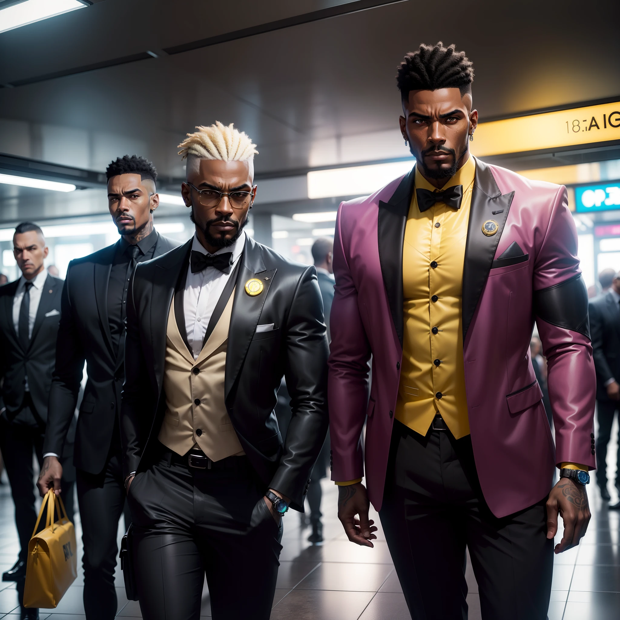 I'd like a cyberpunk style image in 4k average photo of three black characters ,40 anos de idade,,africano, forte, musculoso, de pele negra ,barba grande,barba, Estiloso Barbon,com cabelo punk estilo anos 80 na cor amarelo e cinza escuro,muito eLegante,, futurista e estiloso neon , com uma tatuagem super colorida e com neon ,Toattoo, facing a metro station on the platform , with station lights failing in a dimly lit environment, standing dressed in a dark yellow suit with a pink bow tie and baggy shirt.