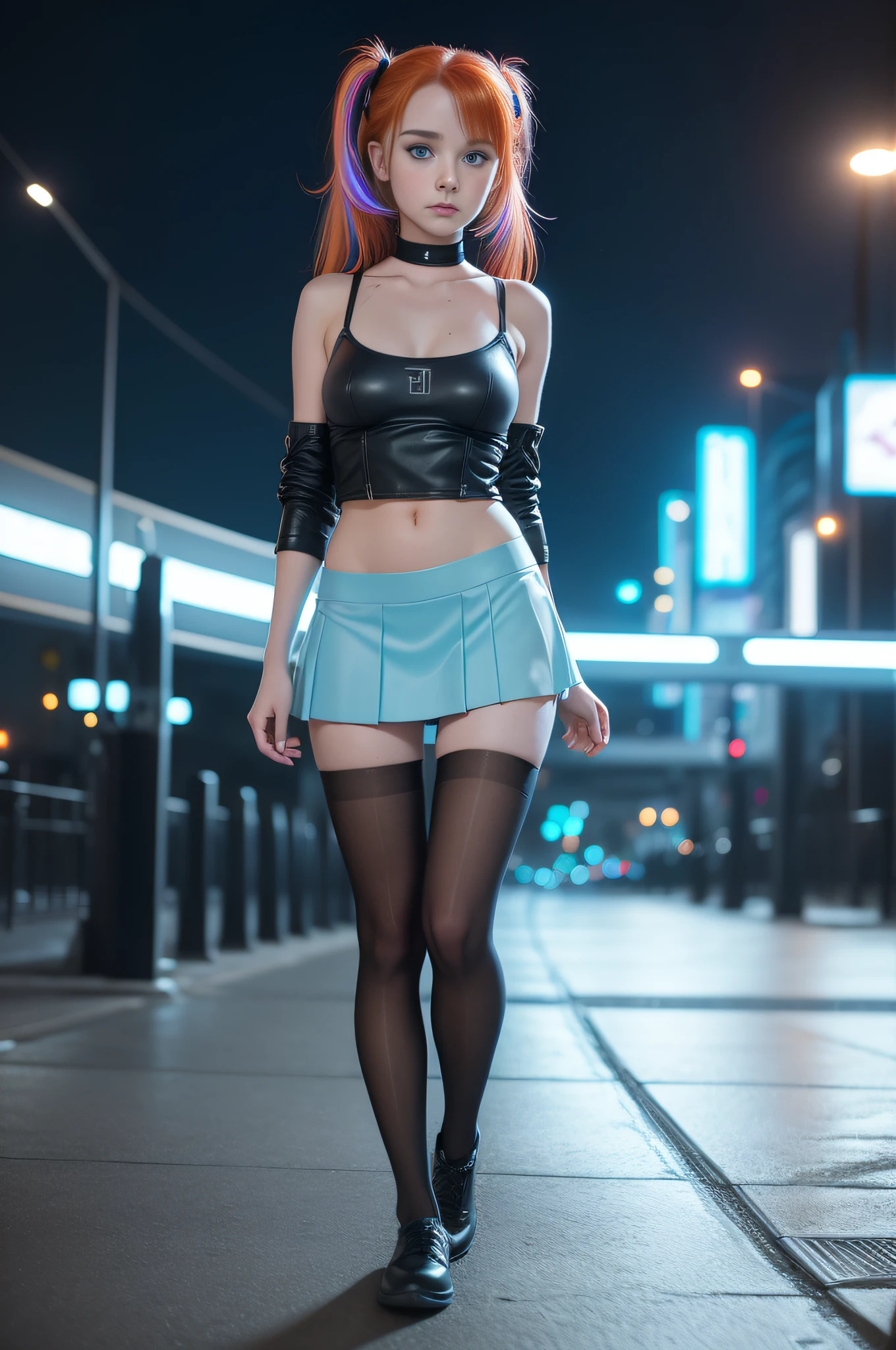 1 girl, solo, (nsfw), cute redhead 18-year-old girl in twin tails, ((perfect female body)), (cute face make up), multiple (rainbow colored hair: 1.2), (beautiful detailed blue eyes: 1.6), (photo realistic eyes: 1.6), happy, Ukrainian, (petite body), ((small hips)), pale white skin, (mini skirt and tube top), (matte pantyhose: 1.6), (("TRON LEGACY city" style background)), (night time:1.2), photo realistic.