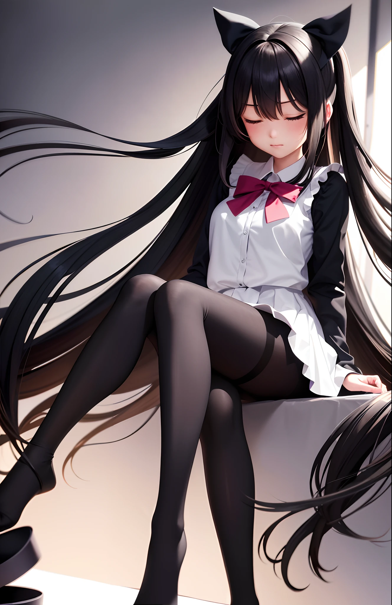 masterpiece, best quality,bp-homura, 1girl, long hair, solo, akemi homura, pantyhose, black hair, ribbon, closed eyes, hair ribbon, magical girl,(kbxll:0.6)