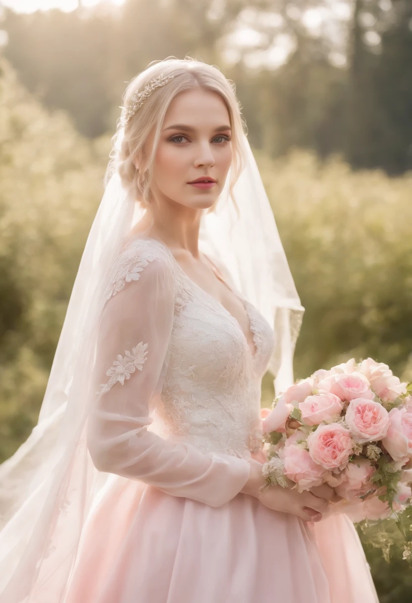 (Full body photo of 1 girl dressed as a bride，Wearing a large transparent veil and a pink dress + Soft and delicate + blond hairbl)+(Long dress in bright colors, Bright light, long straight blond hair + Bright and welcoming eyes)+(Pink petals + Light wind + with blue sky and white clouds + Green and flowering woods)