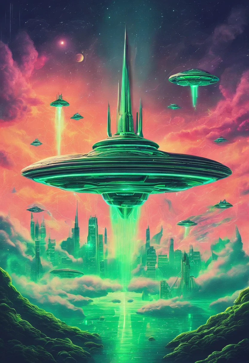 Futuristic alien spaceships flying above the clouds, dark sky, green lighting, rain,lightning, hyper realistic, highly detailed,8k