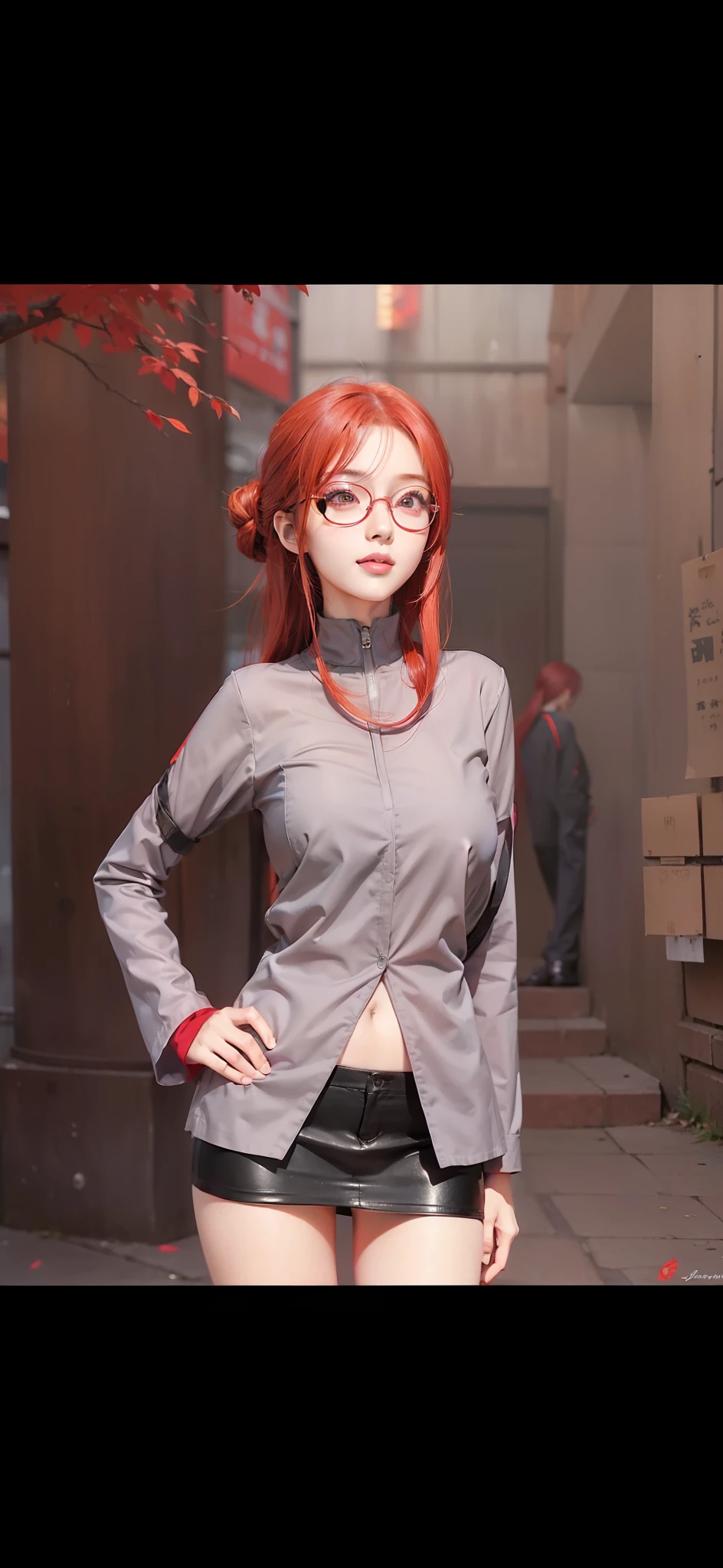 1girl, uzumaki karin in anime naruto, long hair, red hair, red eyes, smile, beautiful, wear red glasses, sexy dress, sexy clothes, grey clothes, very big breast, realistic clothes, detail clothes, outdoor background, ultra detail, realistic