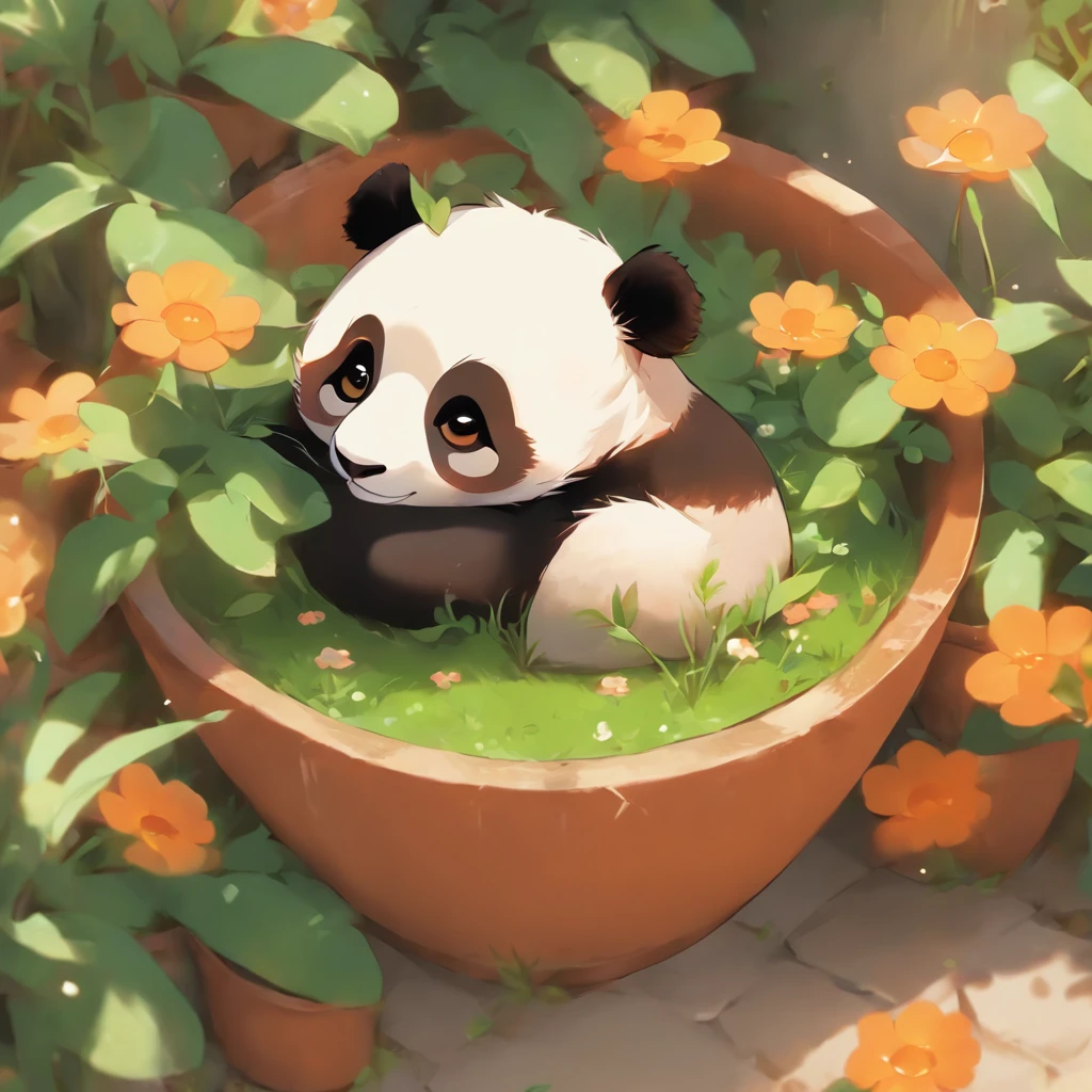 A cute panda lying on his stomach in a flower pot，has big eyes，Blushlush，Lazy，greet，high detal，white backgrounid