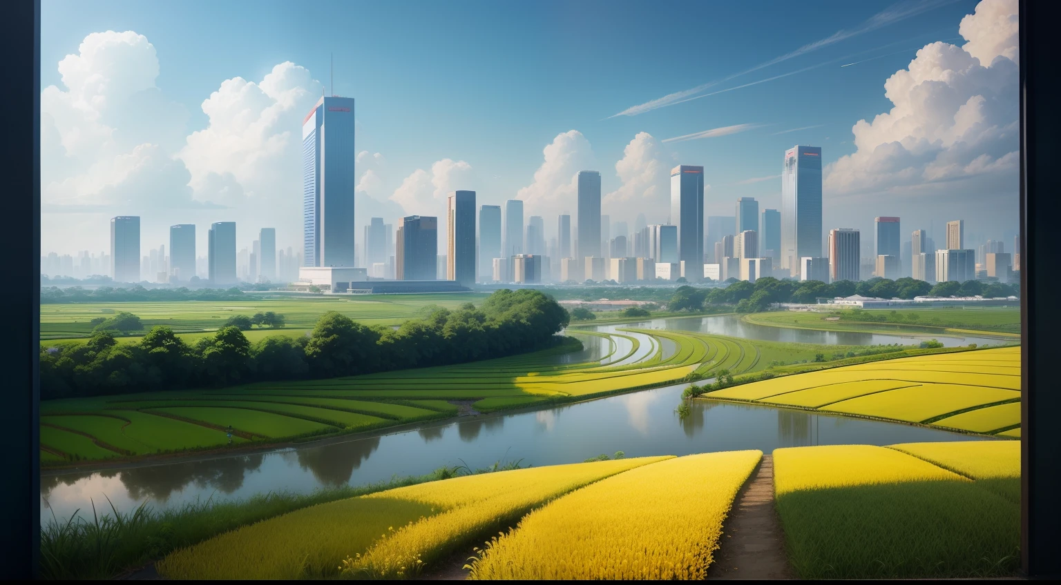 Golden rice paddies, Students who study seriously,Shenzhen blue and white summer uniform,Modern metropolis in the distance,There are satellites in the sky,There is high-speed rail on the edge of the city。#Creative drawing#