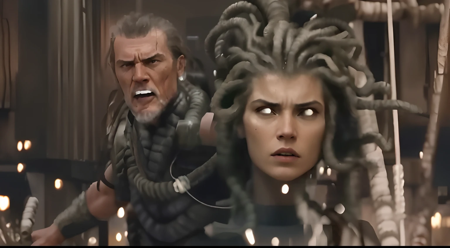 a man with a large head of medusant and a woman with a head of snakes, epic scifi movie still, in a scifi movie, from aliens franchise, still from a ridley scott movie, angry female alien, an epic scifi movie still, movie still of aztec cyborg, scene from live action movie, aliens movie, sci-fi movie still