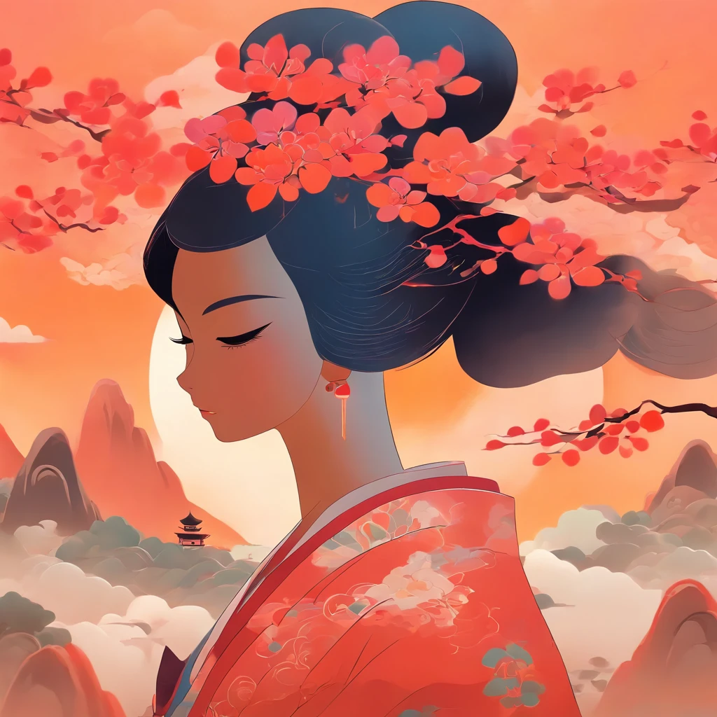 A Chinese woman，Chinese landscape, abstract painting, Zen, Amy Sol style, cover art with light abstraction, simple vector art, contemporary Chinese art, color gradients, soft color palettes, layered forms, whimsical animation, style Ethereal abstract