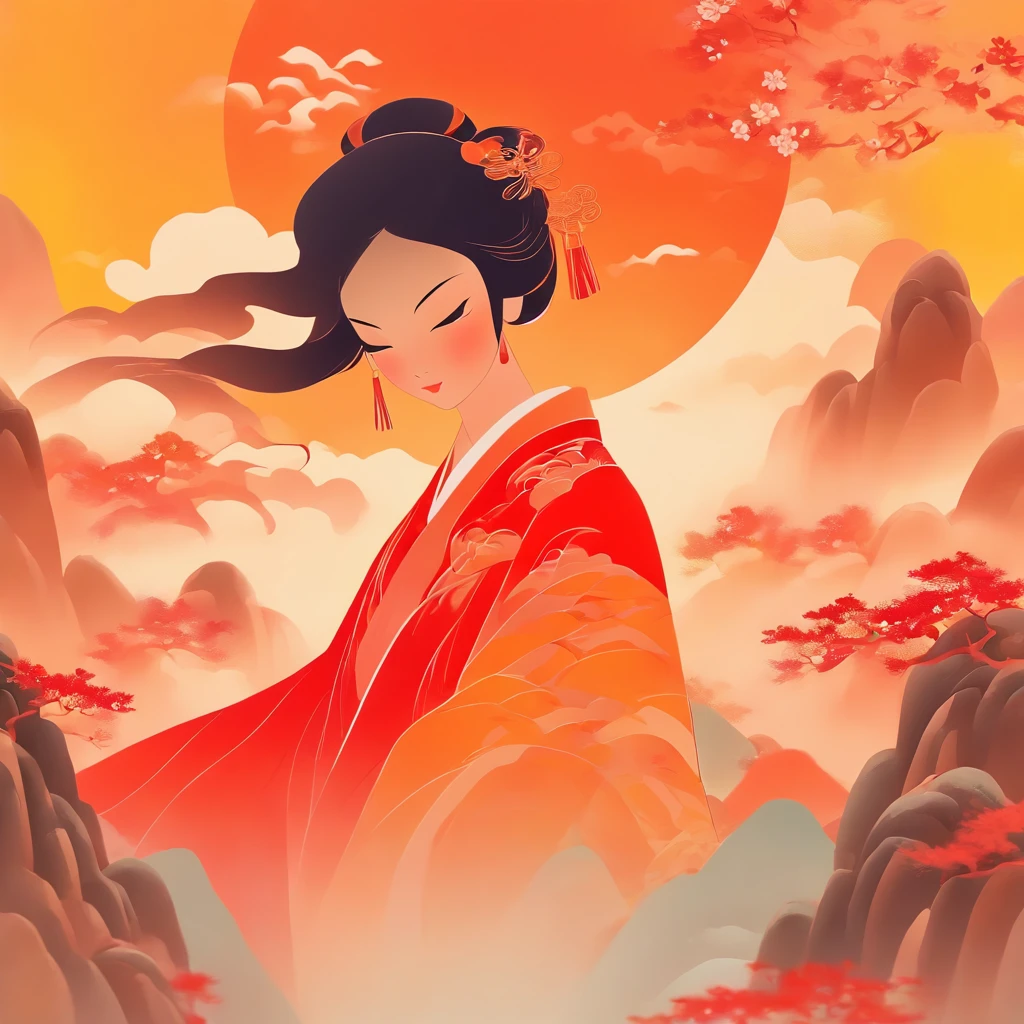 A Chinese woman,Chinese landscape, abstract painting, Zen, Amy Sol style, cover art with light abstraction, simple vector art, contemporary Chinese art, color gradients, soft color palettes, layered forms, whimsical animation, style Ethereal abstract