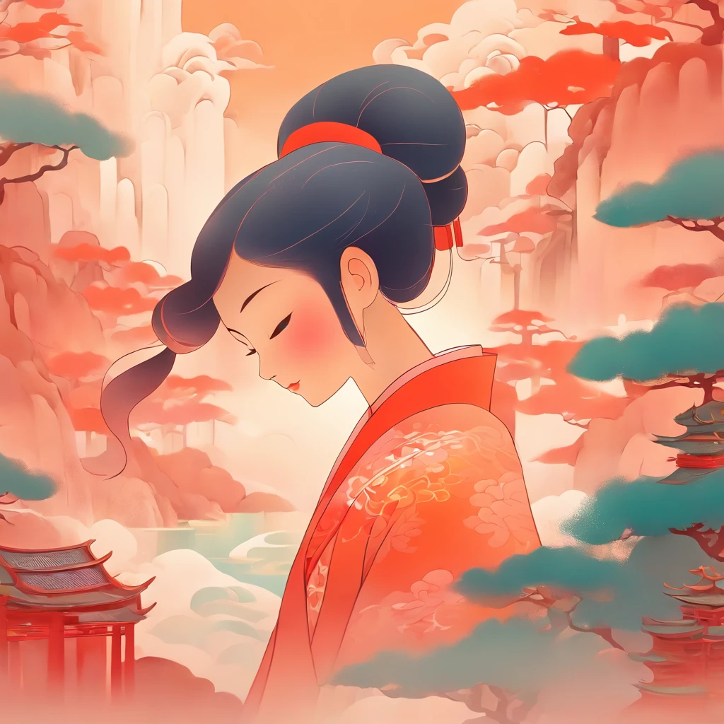 A Chinese woman,Chinese landscape, abstract painting, Zen, Amy Sol style, cover art with light abstraction, simple vector art, contemporary Chinese art, color gradients, soft color palettes, layered forms, whimsical animation, style Ethereal abstract