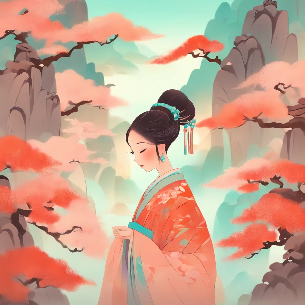 A Chinese woman,Chinese landscape, abstract painting, Zen, Amy Sol style, cover art with light abstraction, simple vector art, contemporary Chinese art, color gradients, soft color palettes, layered forms, whimsical animation, style Ethereal abstract