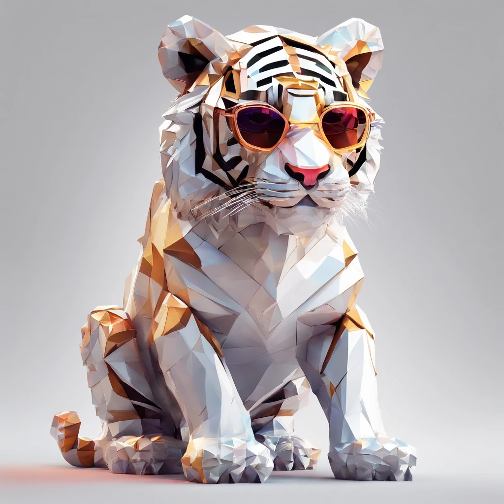 Perfect alignment, Cute little tiger wearing a jacket,crystal vases,Rose flower, Wearing sunglasses, cheerfulness, Standing position, Abstract beauty, Centered, Looking at the camera, Facing the camera, nearing perfection, Dynamic, Highly detailed, smooth, Sharp focus, 8K, high definition resolution, illustration, Art by Carne Griffiths and Wadim Kashin, White background