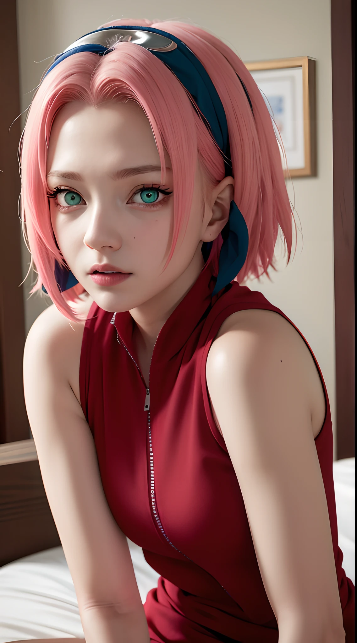 sakuraharuno, sakura haruno, (green eyes:1.5), hairband, short hair, pink hair, (small breast:1.2),
BREAK bare shoulders, black gloves, forehead protector, gloves, konohagakure symbol, ninja, (red shirt:1.5), shirt, sleeveless, sleeveless shirt,
BREAK looking at viewer,
BREAK indoors, bed,
BREAK (masterpiece:1.2), best quality, high resolution, unity 8k wallpaper, (illustration:0.8), (beautiful detailed eyes:1.6), extremely detailed face, perfect lighting, extremely detailed CG, (perfect hands, perfect anatomy),