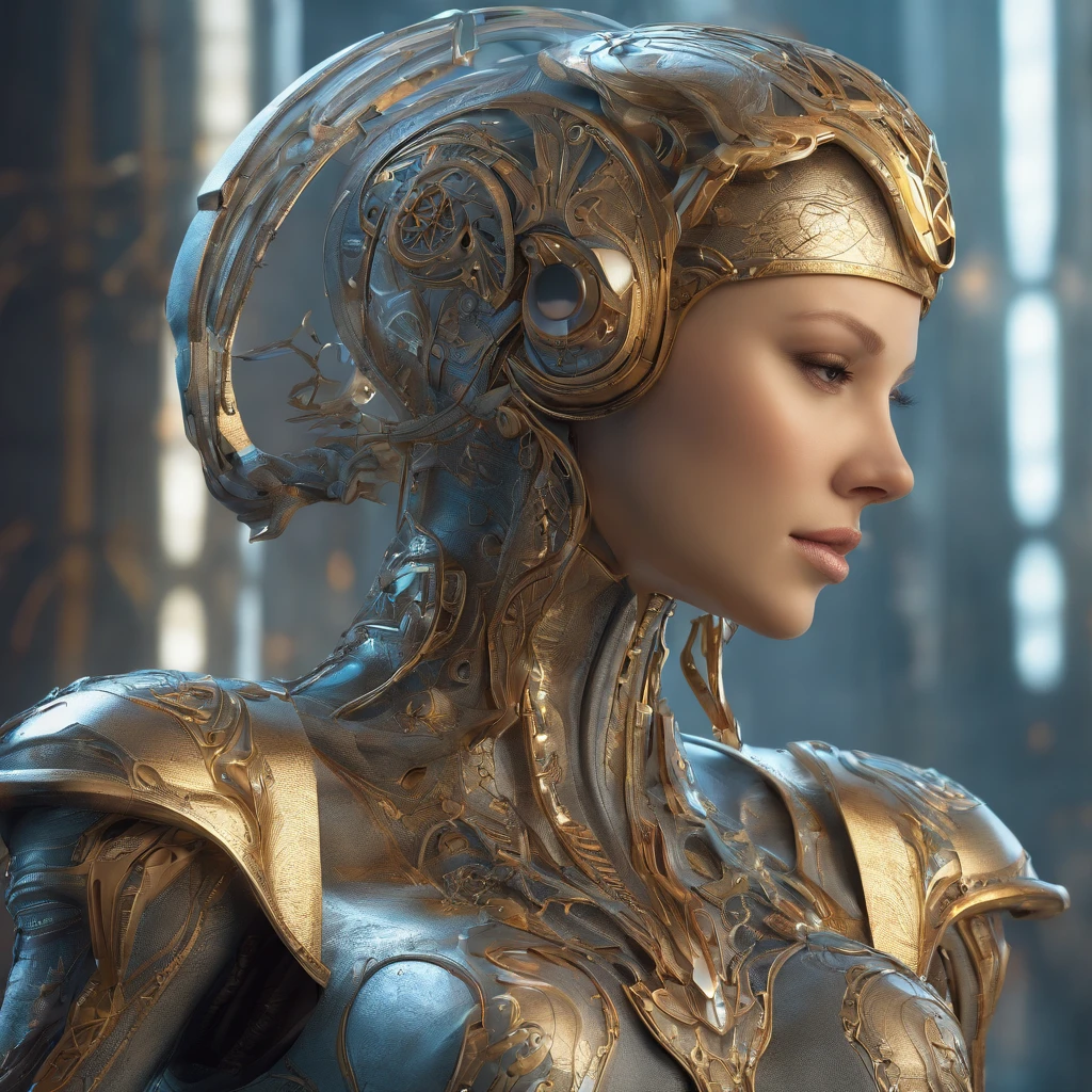 Introduce highly sophisticated 3D rendering, Depicting the face of a female robot with stunning beauty. Features robotic parts and vibrant details, This 150mm cyborg exudes elegance in a pastel studio. Your gaze is directly on the camera, Pose in front, Reveal a captivating silhouette. Has cybernetic elements, Anatomically precise facial muscles, Cables and microchips, This HR Giger-style masterpiece offers a high-quality visual experience, With extremely fine details. His silver helmet adds a touch of sophistication to the beautifully rendered background, Produce impressive and ultra-realistic 8K wallpapers, Perfect for lovers of cyberpunk style