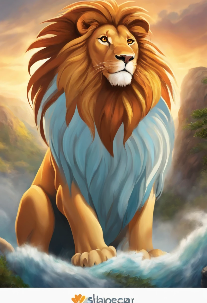 In the image, you see an animated and colorful lion sitting on top of a large rock. The lion has a lush, shiny mane with vibrant colors like orange, blue and green. Their eyes are large and expressive, conveying a curious and friendly look. The lion has a wide smile and a black nose. Its front paws rest firmly on the stone, while its tail swings excitedly around. The stone under the lion is large and sturdy, with a rough texture and a few cracks. She has shades of brown and gray, contrasting with the bright colors of the lion. Around the stone, there are some colorful flowers and some green leaves, adding a touch of nature to the scene. The sky above is light blue, with fluffy white clouds gently floating by. There is a smiling sun shining brightly, illuminating the scene and highlighting the lion's vibrant colors. In the background, you can see a verdant landscape, with trees and distant mountains.