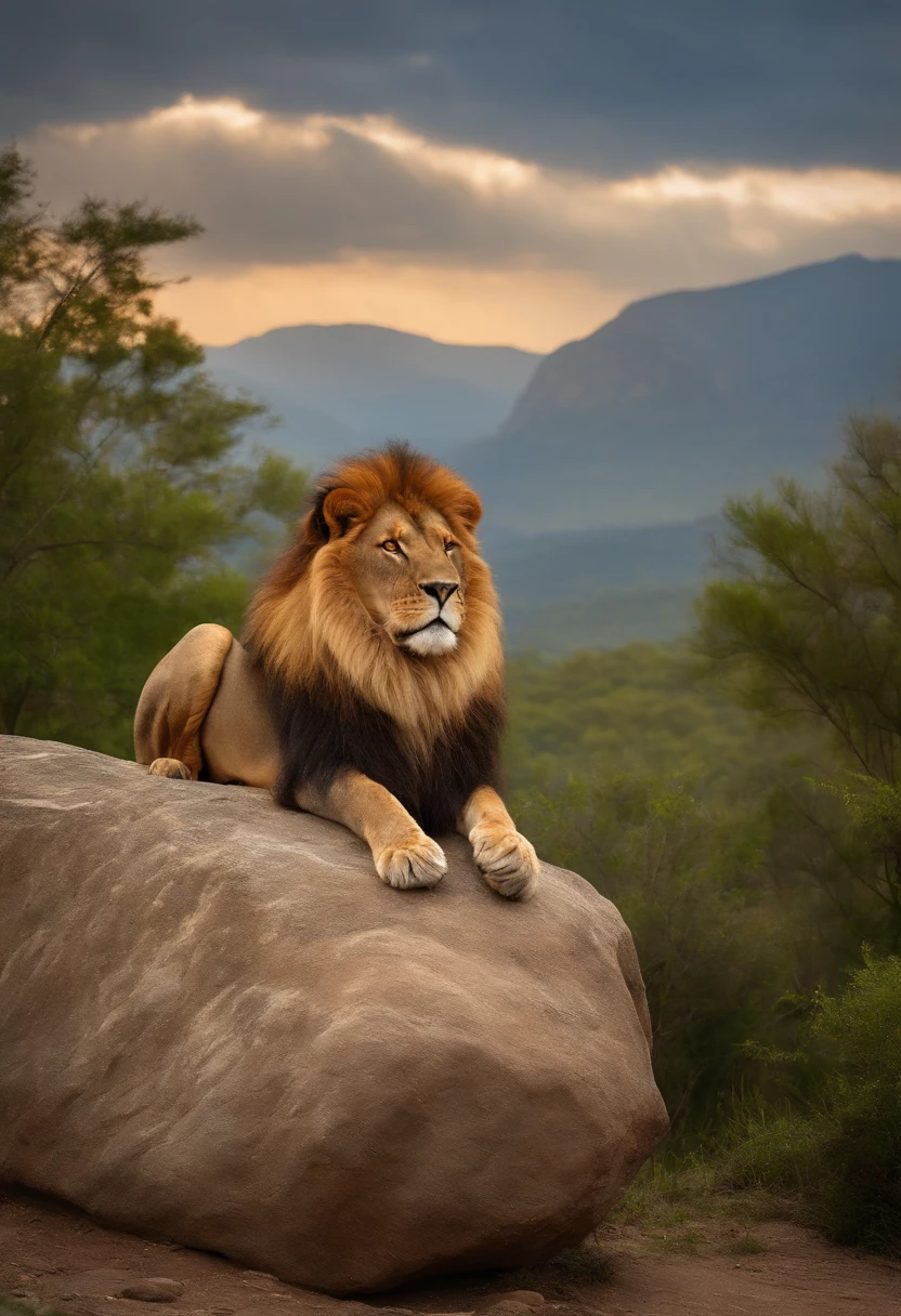 In the image, you see an animated and colorful lion sitting on top of a large rock. The lion has a lush, shiny mane with vibrant colors like orange, blue and green. Their eyes are large and expressive, conveying a curious and friendly look. The lion has a wide smile and a black nose. Its front paws rest firmly on the stone, while its tail swings excitedly around. The stone under the lion is large and sturdy, with a rough texture and a few cracks. She has shades of brown and gray, contrasting with the bright colors of the lion. Around the stone, there are some colorful flowers and some green leaves, adding a touch of nature to the scene. The sky above is light blue, with fluffy white clouds gently floating by. There is a smiling sun shining brightly, illuminating the scene and highlighting the lion's vibrant colors. In the background, you can see a verdant landscape, with trees and distant mountains.