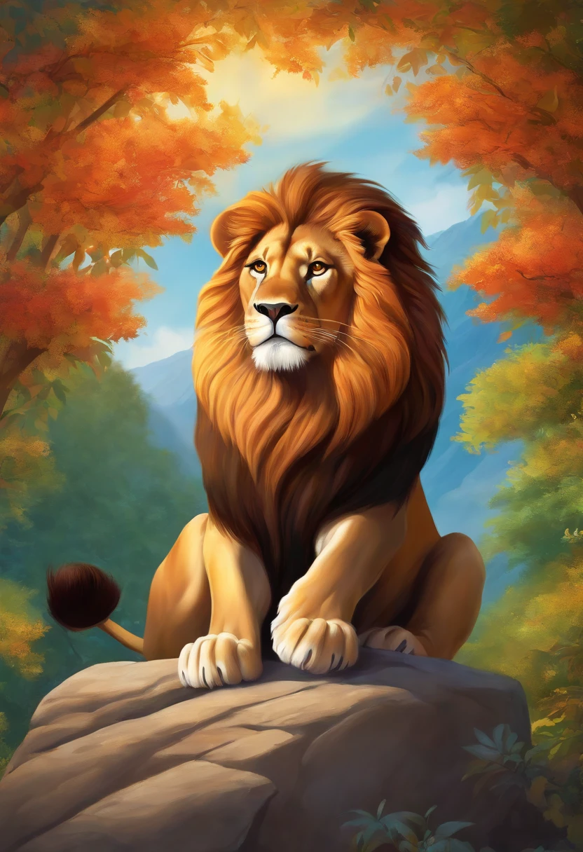 In the image, you see an animated and colorful lion sitting on top of a large rock. The lion has a lush, shiny mane with vibrant colors like orange, blue and green. Their eyes are large and expressive, conveying a curious and friendly look. The lion has a wide smile and a black nose. Its front paws rest firmly on the stone, while its tail swings excitedly around. The stone under the lion is large and sturdy, with a rough texture and a few cracks. She has shades of brown and gray, contrasting with the bright colors of the lion. Around the stone, there are some colorful flowers and some green leaves, adding a touch of nature to the scene. The sky above is light blue, with fluffy white clouds gently floating by. There is a smiling sun shining brightly, illuminating the scene and highlighting the lion's vibrant colors. In the background, you can see a verdant landscape, with trees and distant mountains.