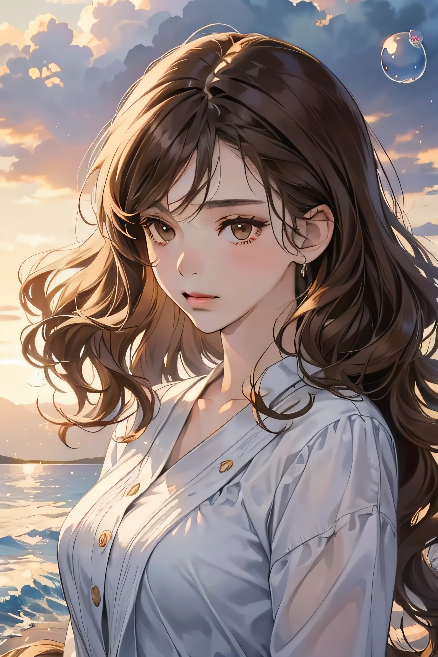 Masterpiece, best quality, anime, 1woman, quiet, calm and pretty young woman, 16 years old, ((close mouth)), extremely detailed, a little distance, ((dark brown eyes)), ((wavy with bang brunette hair)), bubble floating