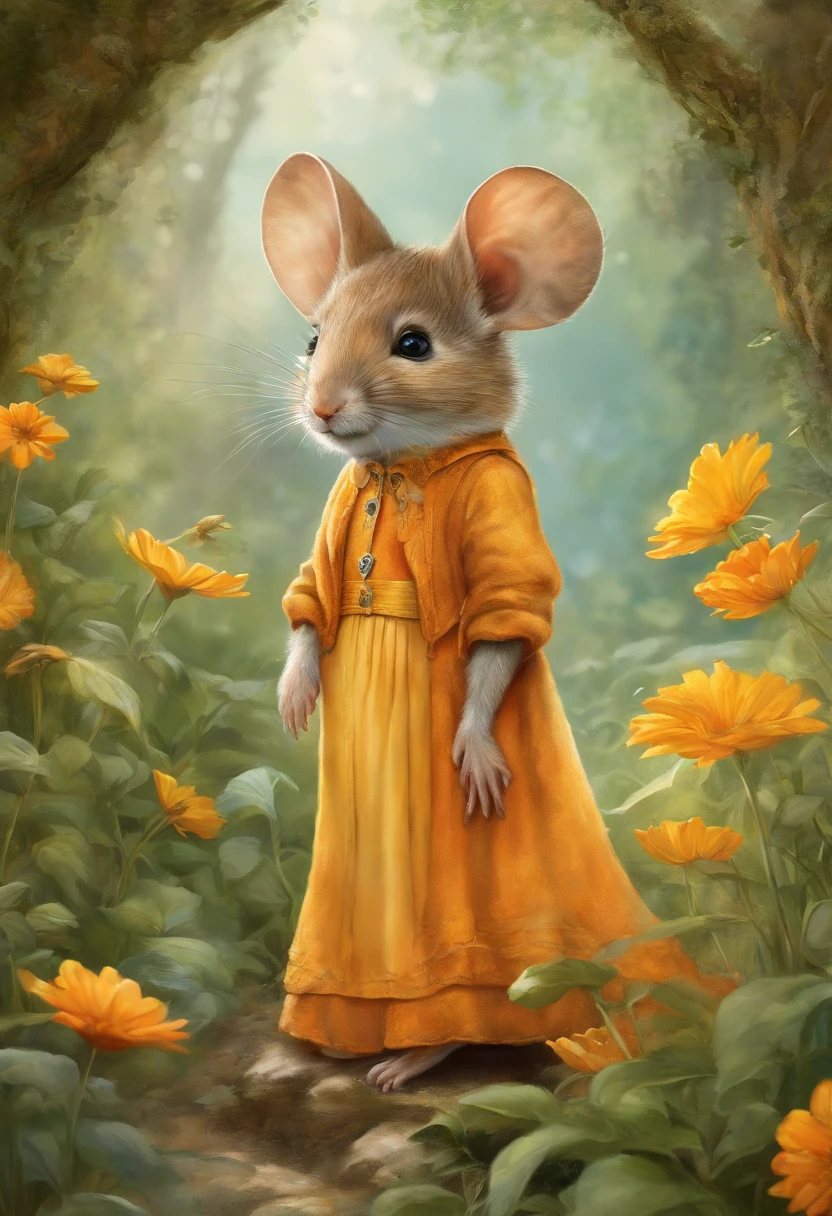 comiс style, painted in vivid watercolor, Bipedal mouse, ropa linda, ojos verdes, naranja, azul. amarillo, extremadamente detallado, Altamente detallado, obra maestra, Fondo de cuento de hadas, wonderland, Dynamic colors, Luz de cuento de hadas, por beatrix potter y Jean-Baptiste Monge, 32K UHD