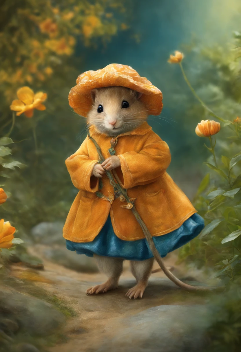 comiс style, painted in vivid watercolor, Bipedal mouse, ropa linda, ojos verdes, naranja, azul. amarillo, extremadamente detallado, Altamente detallado, obra maestra, Fondo de cuento de hadas, wonderland, Dynamic colors, Luz de cuento de hadas, por beatrix potter y Jean-Baptiste Monge, 32K UHD