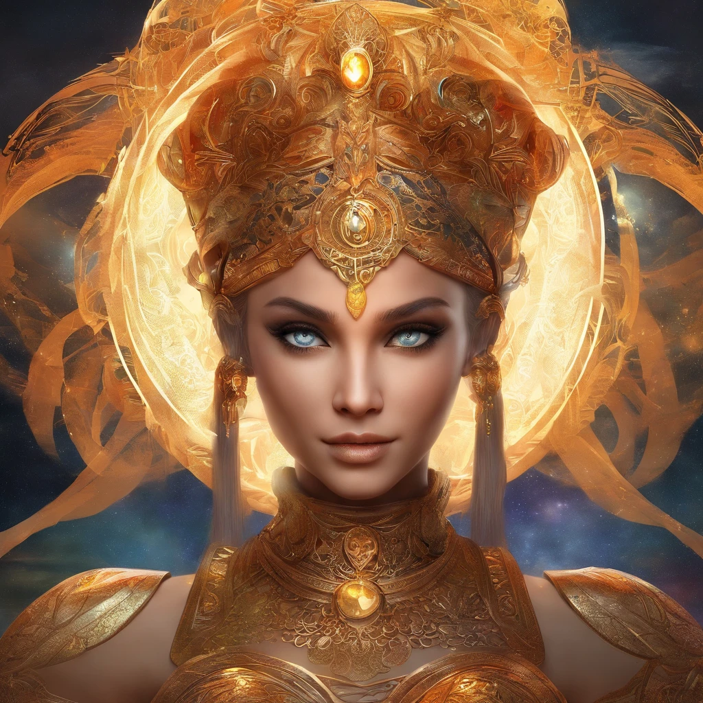 （best qualtiy，ultra - detailed，Most Best Illustration，Best shadow，tmasterpiece，A high resolution，professionalartwork，famousartwork），Detailed eyes，beautidful eyes，closeup cleavage，sci-fy，colored sclera，Robot eyes，face markings，Tattooed with，（fractalized，Fractal eyes），largeeyes，Wide eyes，（Eye focus），sface focus，Cosmic eyes，Space eyes，Close-up of metal sculpture of a woman with a moon in her hair，goddes。extremly high detail，3 d goddess portrait，Extremely detailed footage of the goddess，a stunning portrait of a goddess，Side image of the goddess，portrait of a beautiful goddess，Full body close-up portrait of the goddess，hecate goddess，portrait of a norse moon goddess，goddess of space and time