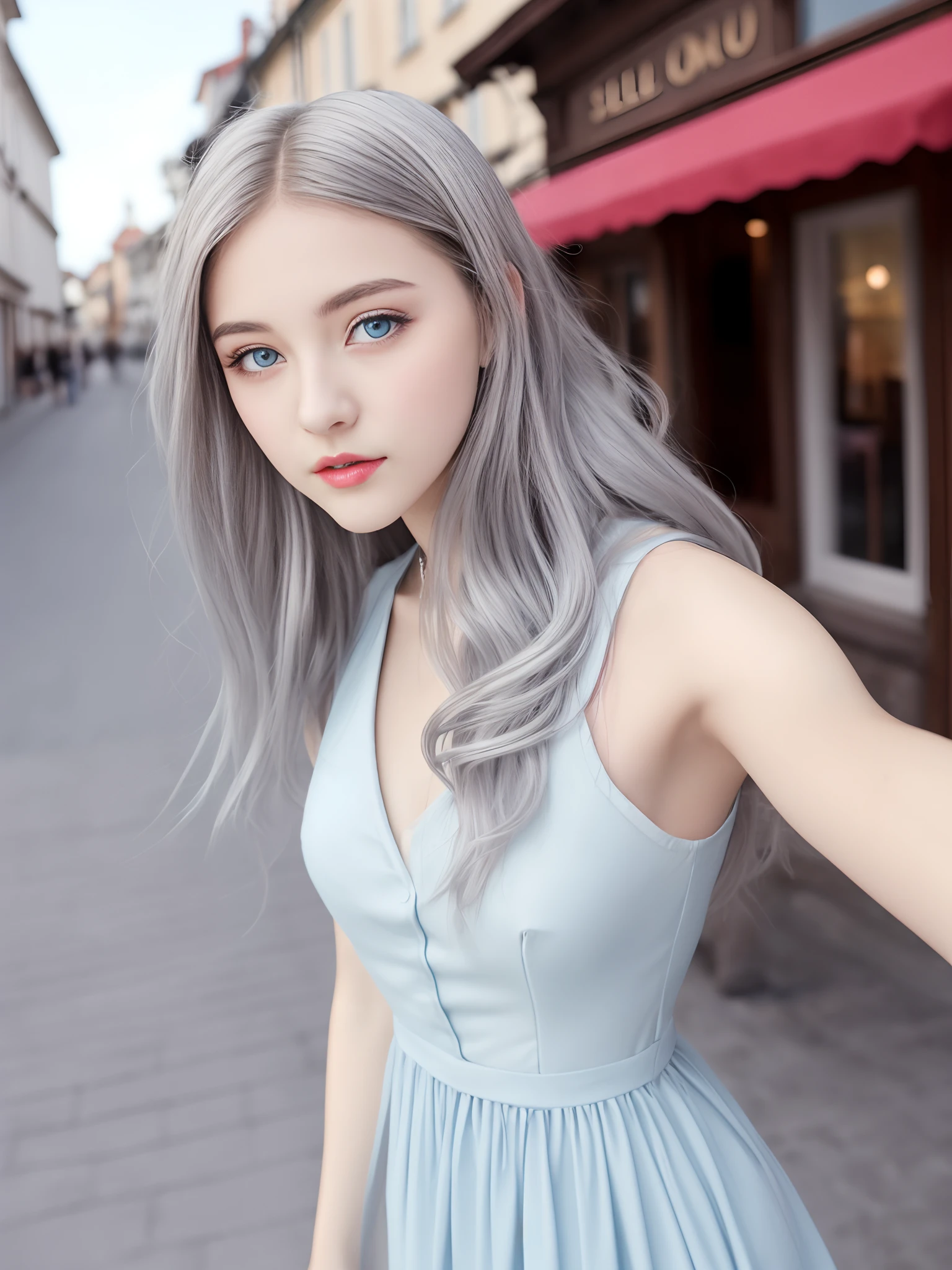 (((realisitic)))Beautiful silver hair、20yr old、Kawaii Girl、1 girl in、attractive whitish light blue eyes、smooth lips、thin fabric dresses、50mm Lens、european townscape、blured background、proffesional、selfee