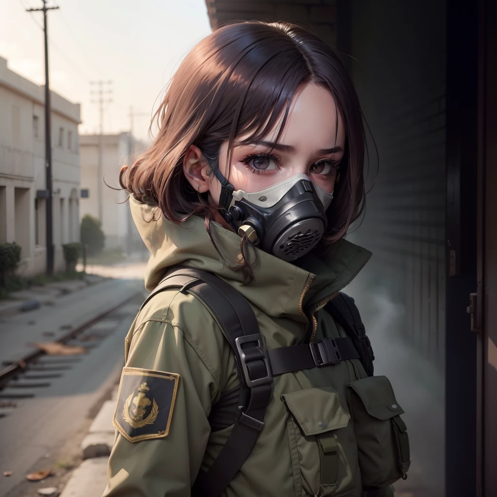 Who has a gas mask, ropa militar de soldado de combate y hay niebla a su alrededor. Esta chica tiene el pelo morado, los ojos y su cara salen bien. Anime 2.5D realista. From his mask comes out