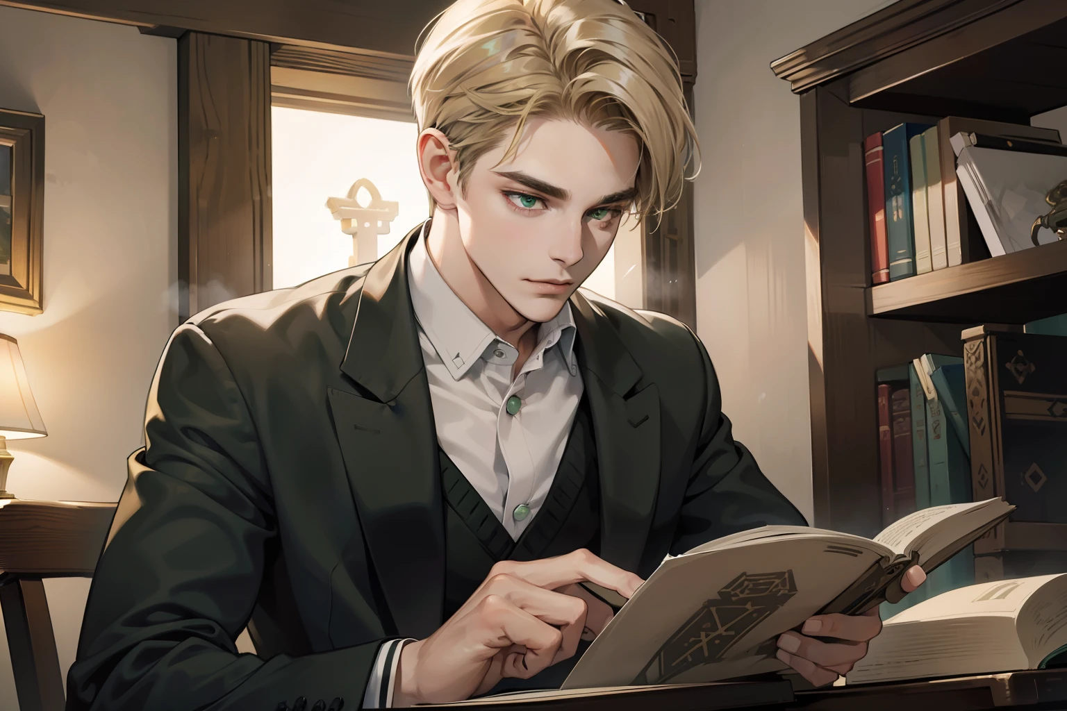 masterpiece, best quality, realistic, 1man, mature male, quiet and charming young man, 18 years old, close his eyes, smirk, closed mouth, extremely detailed face, a little distant, ((dark green eyes)), ((short-side-swept sandy blonde hair)), [thick eyebrows], ((Studying ancient rune)), 4K, cool light setting, (in the night), (suit), 1 person