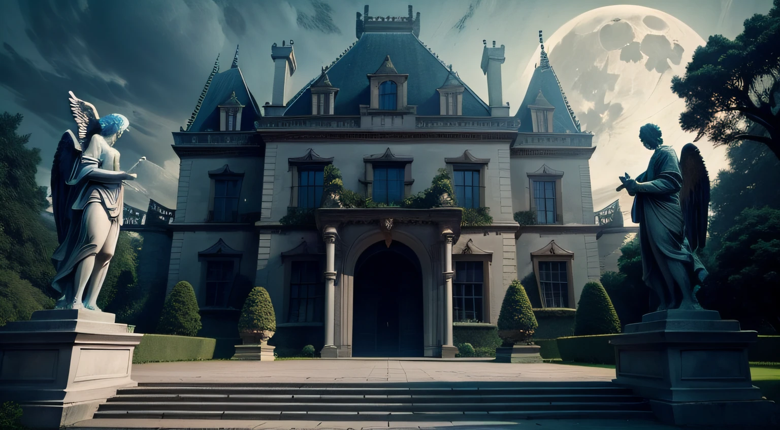 gloomy castle with full moon and statues of angels at the entrance to the castle stairs garden
