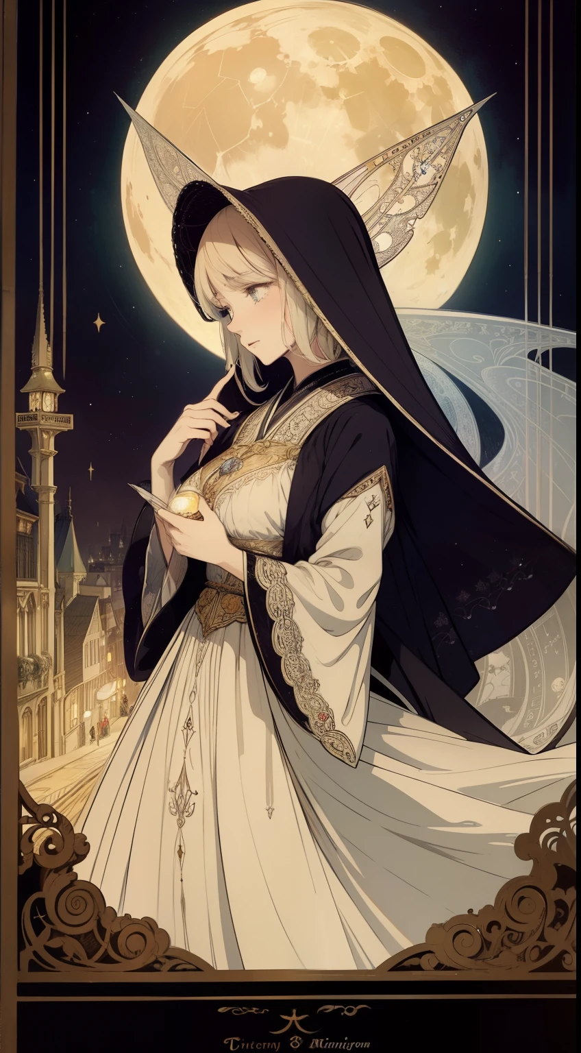Cicely Mary Barker, Margaret Tarrant, Virginia Frances Sterrett, street of london, 18th century, huge moon, hourglass in night, sexy fairy lady, to a Ball, hyper detailed, Japanese anime, manga lines, high quality high resolution high definition masterpiece , colour
