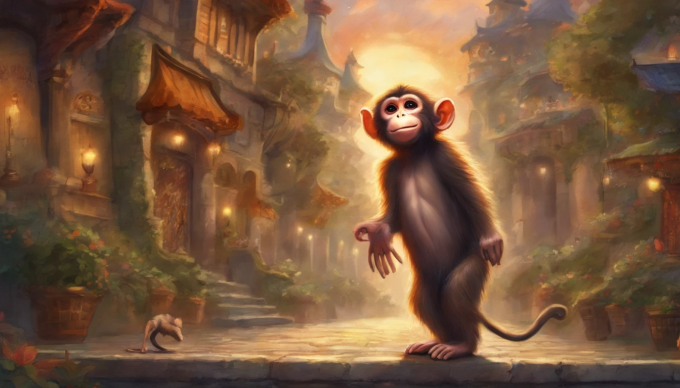 a little monkey standing on the street, smile, ancient style, Snes painting