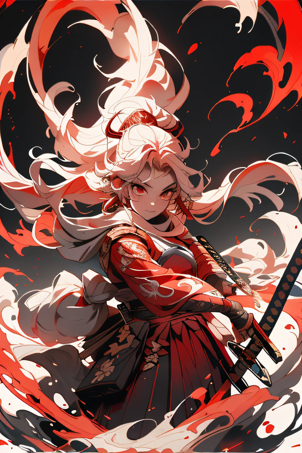 arma， 1girll， long whitr hair， malefocus， The sword， 独奏， japanses clothes， Hold the， Holding a weapon， katana swords， clutching a sword， sword sheath， ， ， longer sleeves， ， haori， ， hakama， komono， Jacket， The upper part of the body，sportrait，8K，the detail，火焰，fire glow，，red tint，ventania
,,