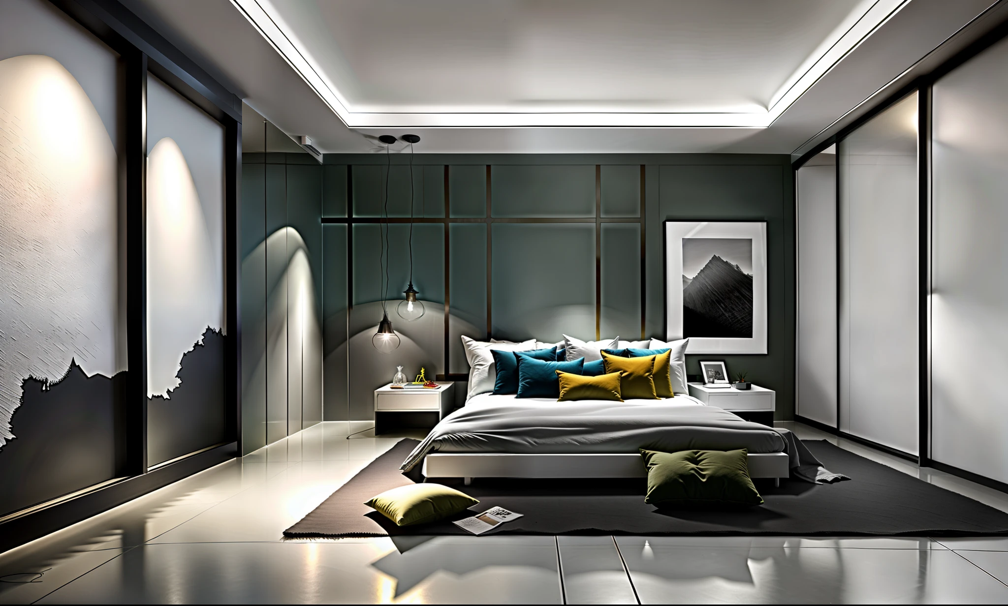 Real bedroom,inside in room,coloured photo,(k hd),Comfortable bedroom,beiou,floor to ceiling window,a bed,illustration,hanging lights,nightstand,stall,Small sofa,Clothes on the ground,floor to ceiling window,Grass outside the window,On the right are panoramic floor-to-ceiling windows,窗帘,On the left is the wardrobe