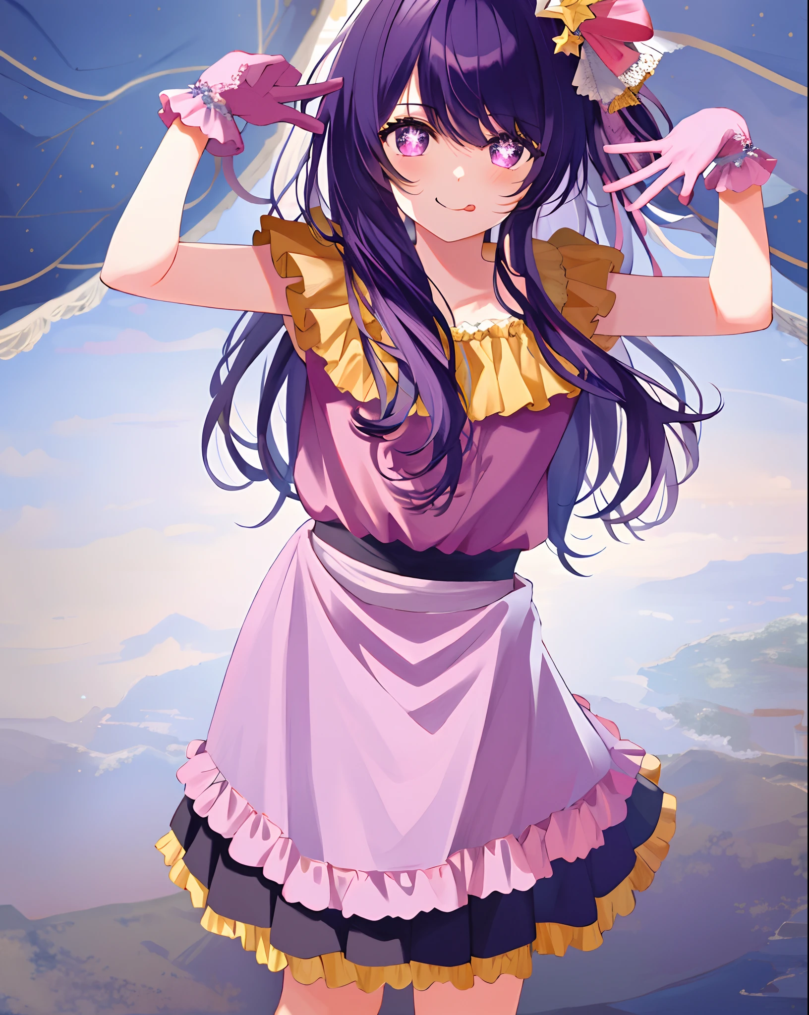1girl, full body, cowboy shot,
(Rembrandt), illustration, (masterpiece), (best quality), (ultra_detailed), finely detail, (Depth of field),
HshinoAi,gloves, tongue out, tongue, long hair, star \(symbol\), looking at viewer, (purple hair:1.2), purple eyes, upper body, hair ornament, :p, frills, pink shirt, smile, sleeveless, shirt, idol, symbol-shaped pupils, hands up, bangs, one side up, star-shaped pupils, arms up,
dress pull,
Roaring Twenties, isometric, from above, sky, flower, cliff,