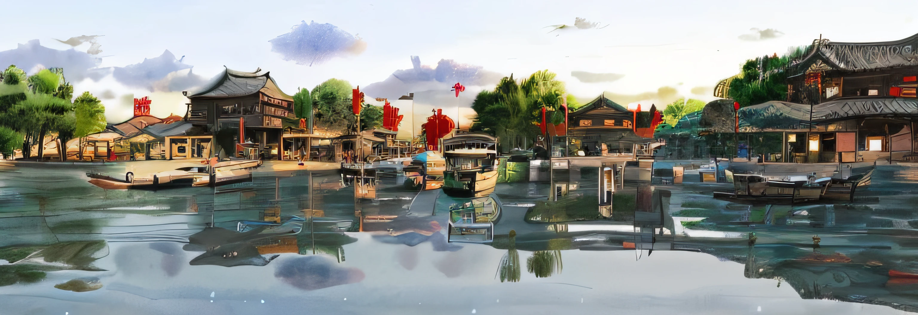 there are many boats that are docked in the water, Beautiful rendering of the Tang Dynasty, Chinese village, Fishing village, dreamy Chinese towns, old asian village, fishing town, zhouzhuang ancient town, Good looking, rendering, A digital rendering, flooded fishing village, author：Qu Leilei, Ancient Chinese architecture, full - view, Mediterranean fishing village, Chinese watercolor style